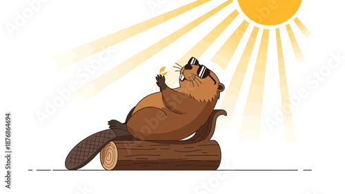 Cartoon Beaver Lounging On Log Enjoying The Sun With Sunglasses Vector Illustration