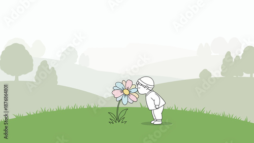 Cartoon Boy Enjoys Fragrance Colorful Flower Peacefully Meadow Serene Backdrop