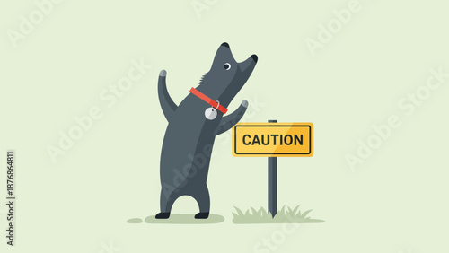Cartoon Wolf Standing Near A Caution Sign With Raised Paws On Light Background