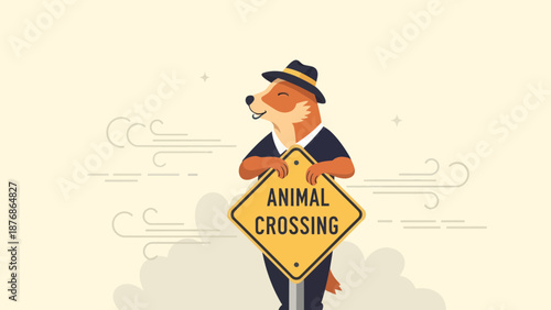Cartoonish Animal Illustration In Classic Suit Holding Animal Crossing Sign