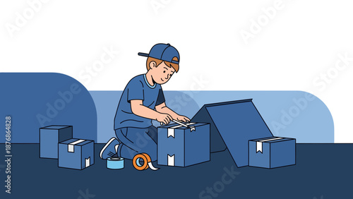 Cartoon Boy Packaging Boxes For Shipping With Tape Delivery Service Concept