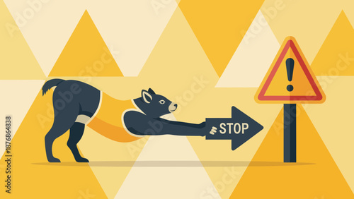 Cartoonish Animal Reaching For Stop Sign Near Warning Indicator Illustration