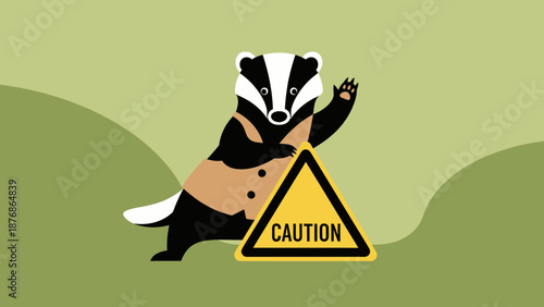 Cartoonish Badger Waving Next To A Caution Sign In A Forest Vector Illustration