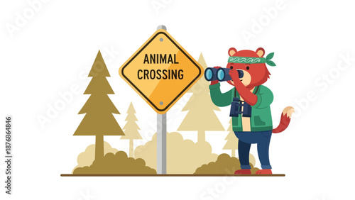 Cartoonish Bear Wildlife Observer Near Animal Crossing Sign In The Forest Scene