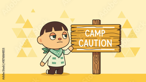 Cartoon Boy Scout Shows 'Camp Caution' Warning Sign On A Sunny Day