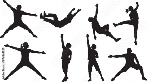 Black vector illustration of dancing people silhouettes featuring a ballerina and gymnastics figure in an action jump for sports and art