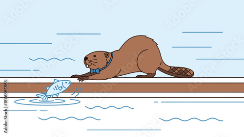 Cartoonish Beaver With A Bowtie Reaching For A Fish Jumping Out Of The Water
