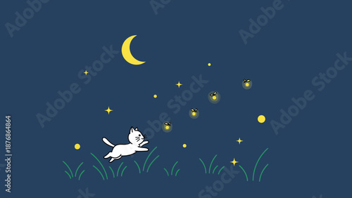 Cartoonish Feline Chasing Fireflies Under Crescent Moon At Night