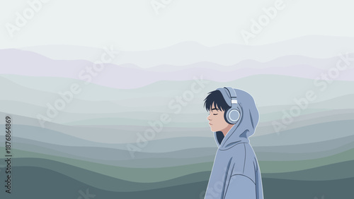 Cartoonish Boy With Headphones In Peaceful Contemplation Over Wavy Abstract Landscape