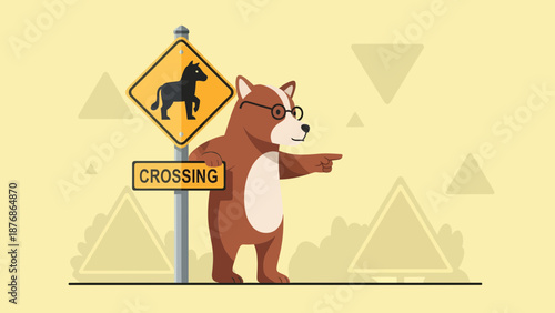 Cartoonish Bear Guiding Across Horse Crossing Point on Light Yellow Background