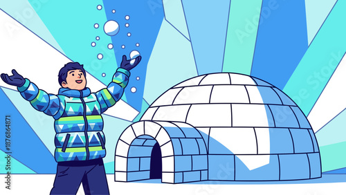 Cartoon Boy Playing Snowball Near Igloo In Winter Illustration Scene