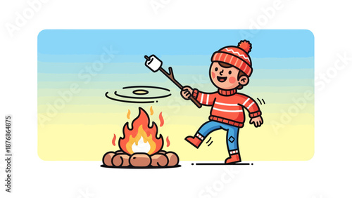 Cartoon Boy Roasting Marshmallow Over Campfire At Summer Camp Holiday Time