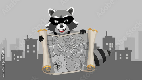 Cartoonish Raccoon Holding A Scroll Map In The City Center Background Landscape