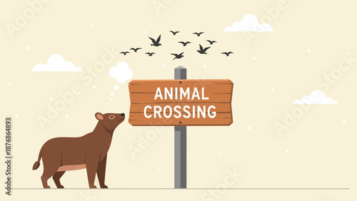 Cartoonish Illustration Of A Fawn Near A Sign Under A Flock Of Birds