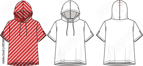 Short sleeve hooded t shirt technical fashion CAD drawing with front back views pattern option cad drawing flat vector illustration