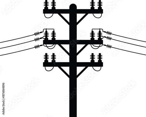 Black and white of an electrical power pole with multiple wires and insulators