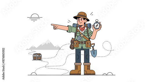 Cartoon Explorer Directing The Way To Hidden Treasure With Compass Expedition