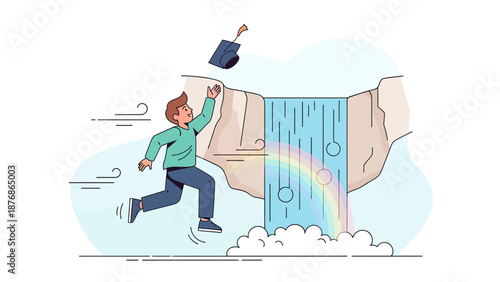 Celebrating Graduation And Freedom With A Waterfall And Rainbow Scene