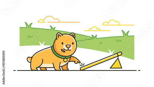 Cartoon Dog Playing See-Saw on a Hillside Illustration for Children's Concept