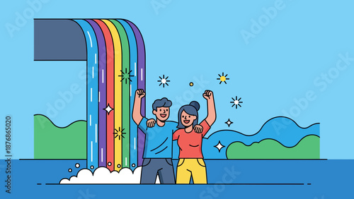 Celebrating Together Under Colorful Waterfall Of Success And Happiness