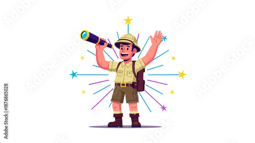 Cartoon Explorer With Telescope Discovery Revealing Excitement And Future Vision