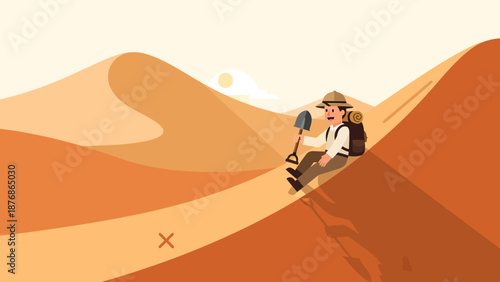 Cartoon Explorer Sliding Down Sand Dune With Shovel In Desert Adventure