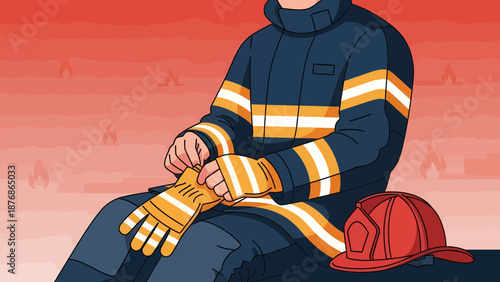 Cartoon Firefighter Preparing For Action Wearing Protective Gear With Helmet Nearby
