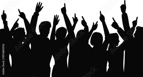Silhouettes of people raising hands with fingers pointing upwards against a white background raised