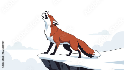 Cartoon Fox Howling Loudly On Cliff In Winter Landscape Scene At Night