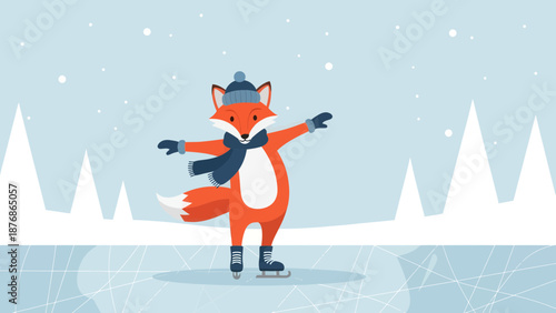 Cartoon Fox Ice Skating Outdoor Winter Scene With Snowy Coniferous Trees