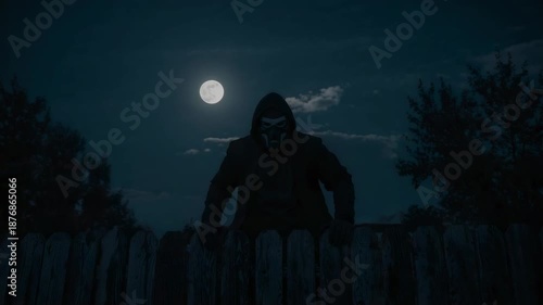 After pausing, leaning hooded-masked figure tightening grip and bracing for climb over picket fence
