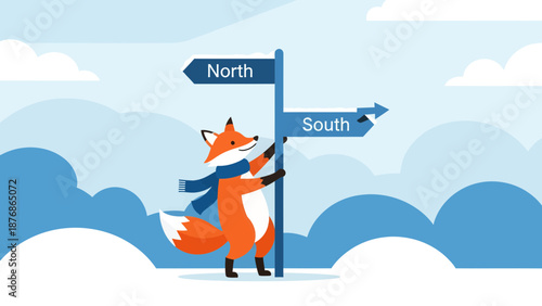 Cartoon Fox Near A Signpost Pointing North And South On A Snowy Winter Day