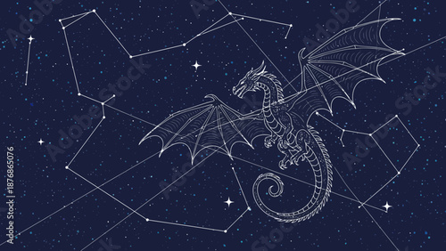 Celestial Dragon Flying Among Constellations In A Starry Night Sky Art