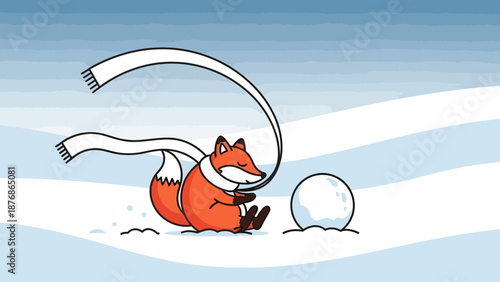 Cartoon Fox Relaxing In The Snow With Scarf And A Snowball In Winter
