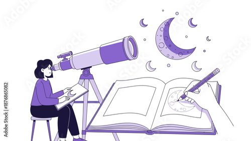 Celestial Dreams Girl Observes the Night Sky With a Telescope and Draws