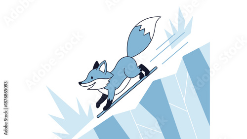 Cartoon Fox Snowboarding Down An Icey Mountain Slope On Sunny Winter Day