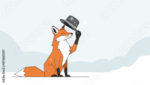 Cartoon Fox Taking Off His Snowflake Hat In A Snowy Landscape