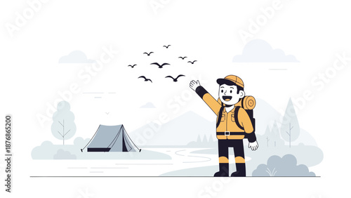 Cartoon Hiker Waving At Flying Birds Illustration In Outdoor Camping Scene
