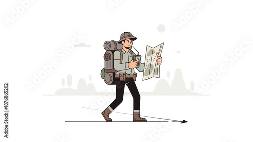 Cartoon Hiker Navigating Wilderness Adventure With Map And Portable Radio