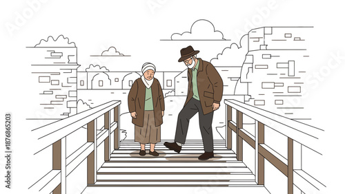 Charming Elderly Couple Taking A Stroll Together On Picturesque Stone Bridge