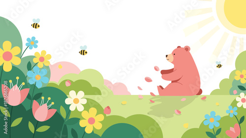 Cartoon Illustration Of A Bear Sitting In A Floral Garden With Sunshine