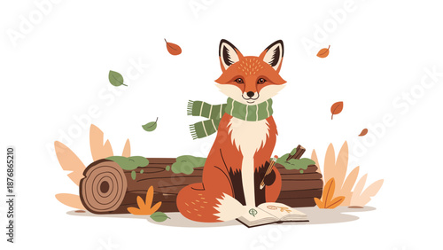 Charming Fox Artist Wearing Scarf Drawing On Nature Scene Illustration