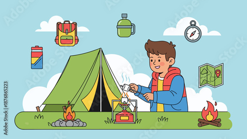 Cartoon Illustration Of A Boy Enjoying Marshmallow Roasting While Camping Holiday