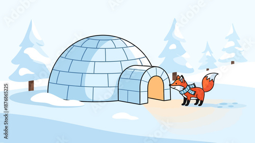 Charming Fox Beside Igloo In Snowy Arctic Landscape Winter Wonderland Scene
