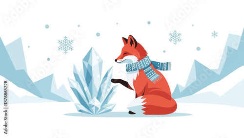 Charming Fox Exploring Frozen Crystals Landscape In Winter Season Vector Illustration