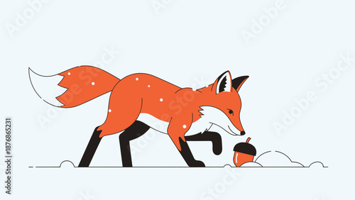 Charming Fox Finds An Acorn In Snow Minimalist Illustration For Kids