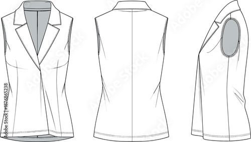 Sleeveless tailored vest technical fashion template front back side views cad drawing flat vector illustration for women apparel design