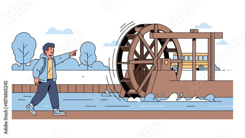 Cartoon Illustration Of A Waterwheel Powering A School Bus In A Tranquil River Scene