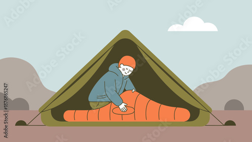 Cartoon Illustration Of A Camper Relaxing In His Tent On A Mountain Trip