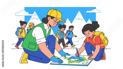 Cartoon Illustration Of Students And Teacher Mapping A Mountainous Route